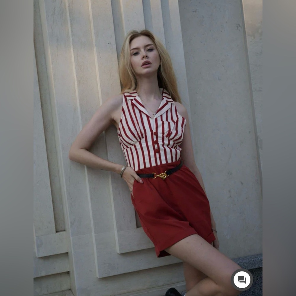 Brand new- BRICK RED 1940S STRIPED LAPEL ROMPER